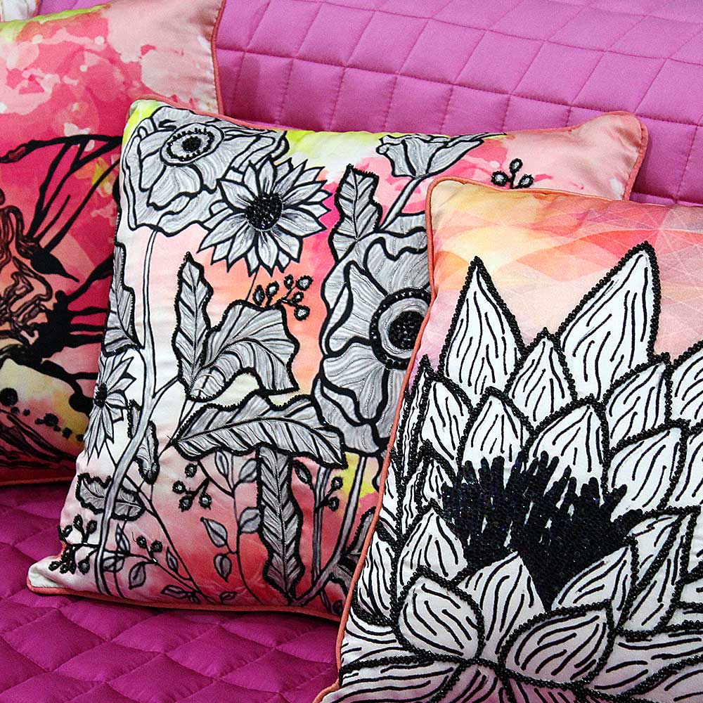 Digital Floral Printed Polyester Cushion Cover Hand & Manual Embroidered Premium Quality Cushion Cover Orange 16" X 16"