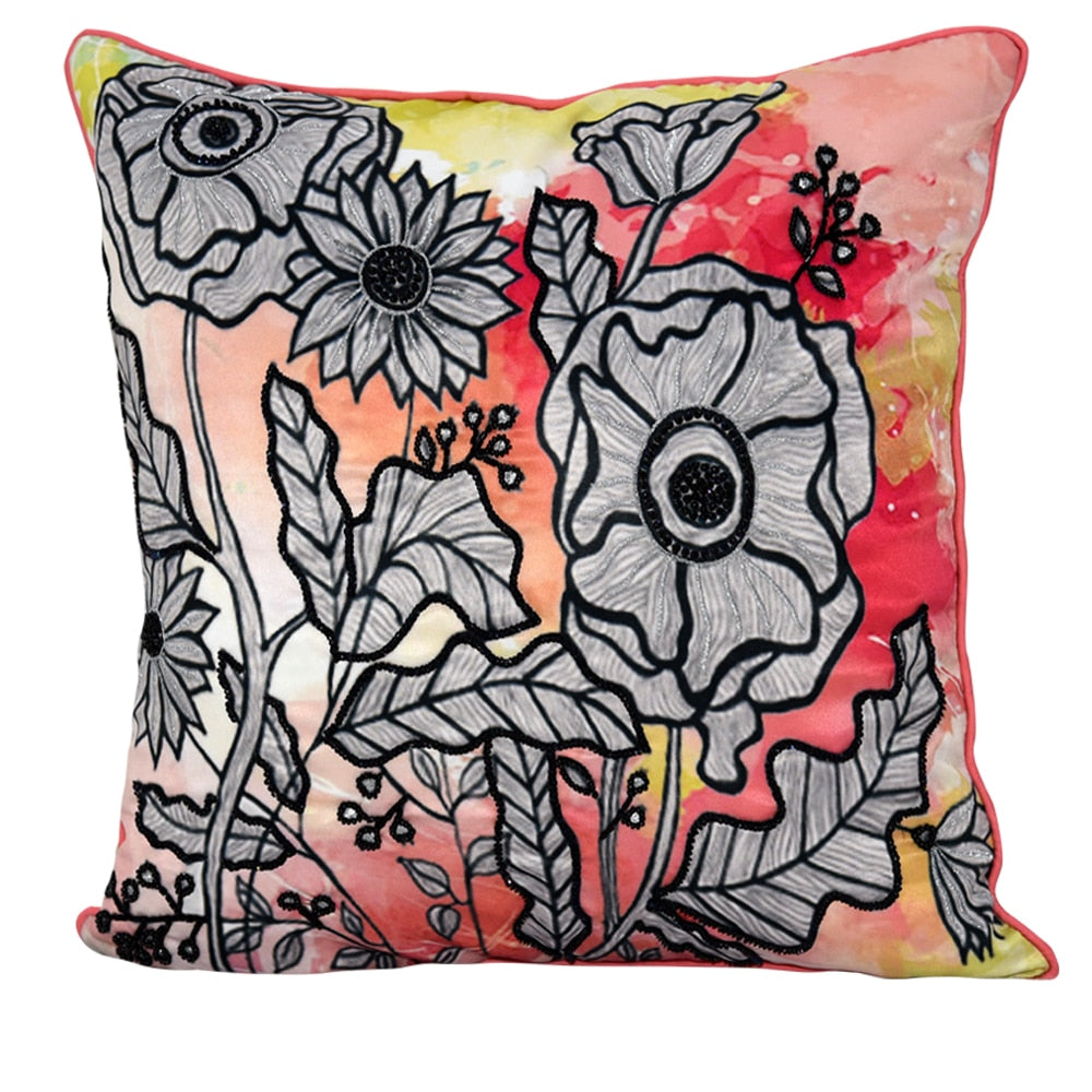 Digital Floral Printed Polyester Cushion Cover Hand & Manual Embroidered Premium Quality Cushion Cover Orange 16" X 16"