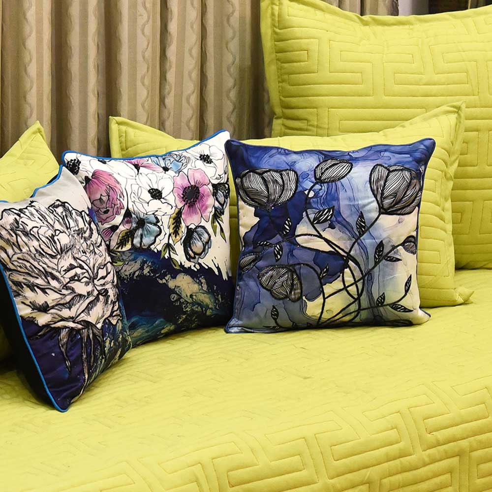 Silverbell Floral Digital Print Polyester Cushions & Cushion Cover Blue 16" X 16" - Elysian Home Decor