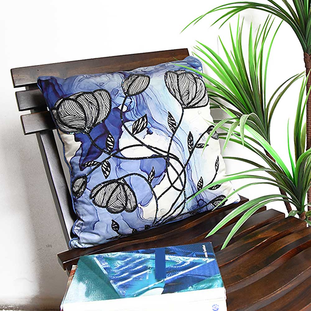 Silverbell Floral Digital Print Polyester Cushions & Cushion Cover Blue 16" X 16" - Elysian Home Decor
