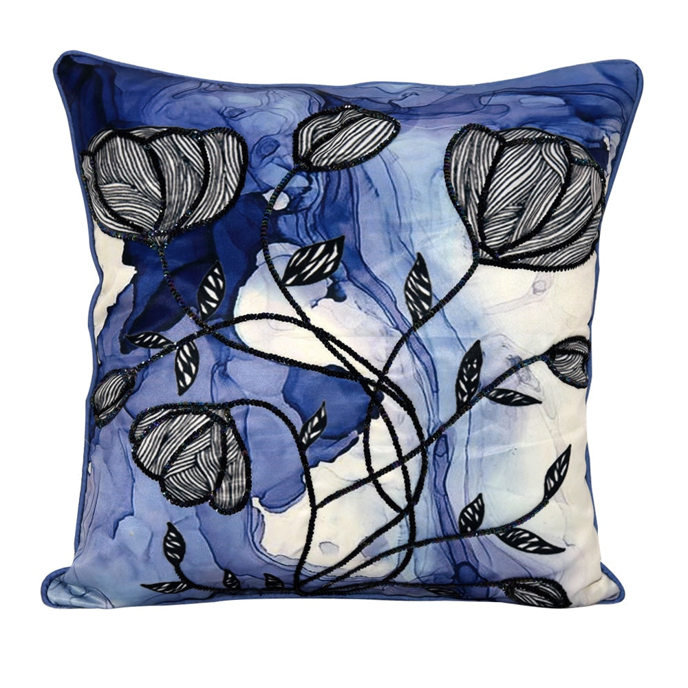 Silverbell Floral Digital Print Polyester Cushions & Cushion Cover Blue 16" X 16" - Elysian Home Decor