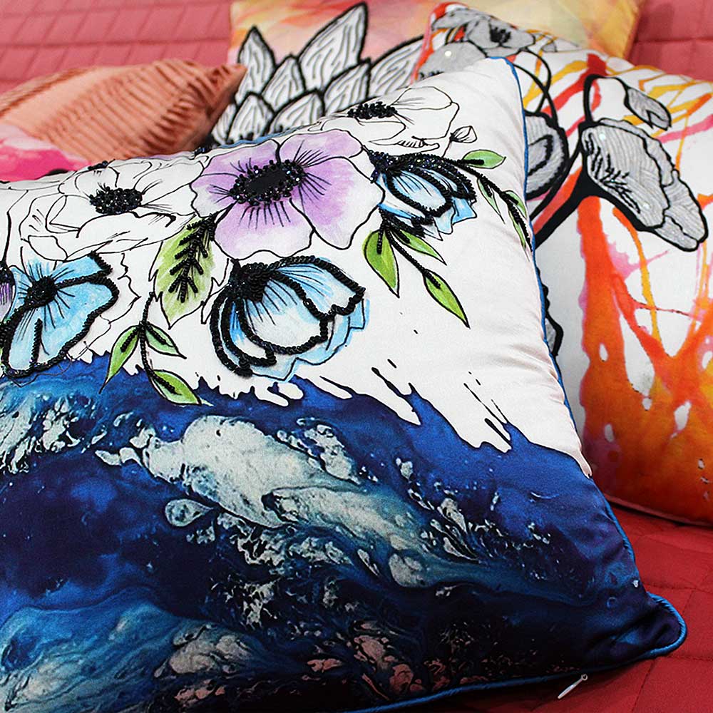 Cherry Blossom Hand Embroidered Polyester Flower Print Cushion Cover 16" X 16" - Elysian Home Decor