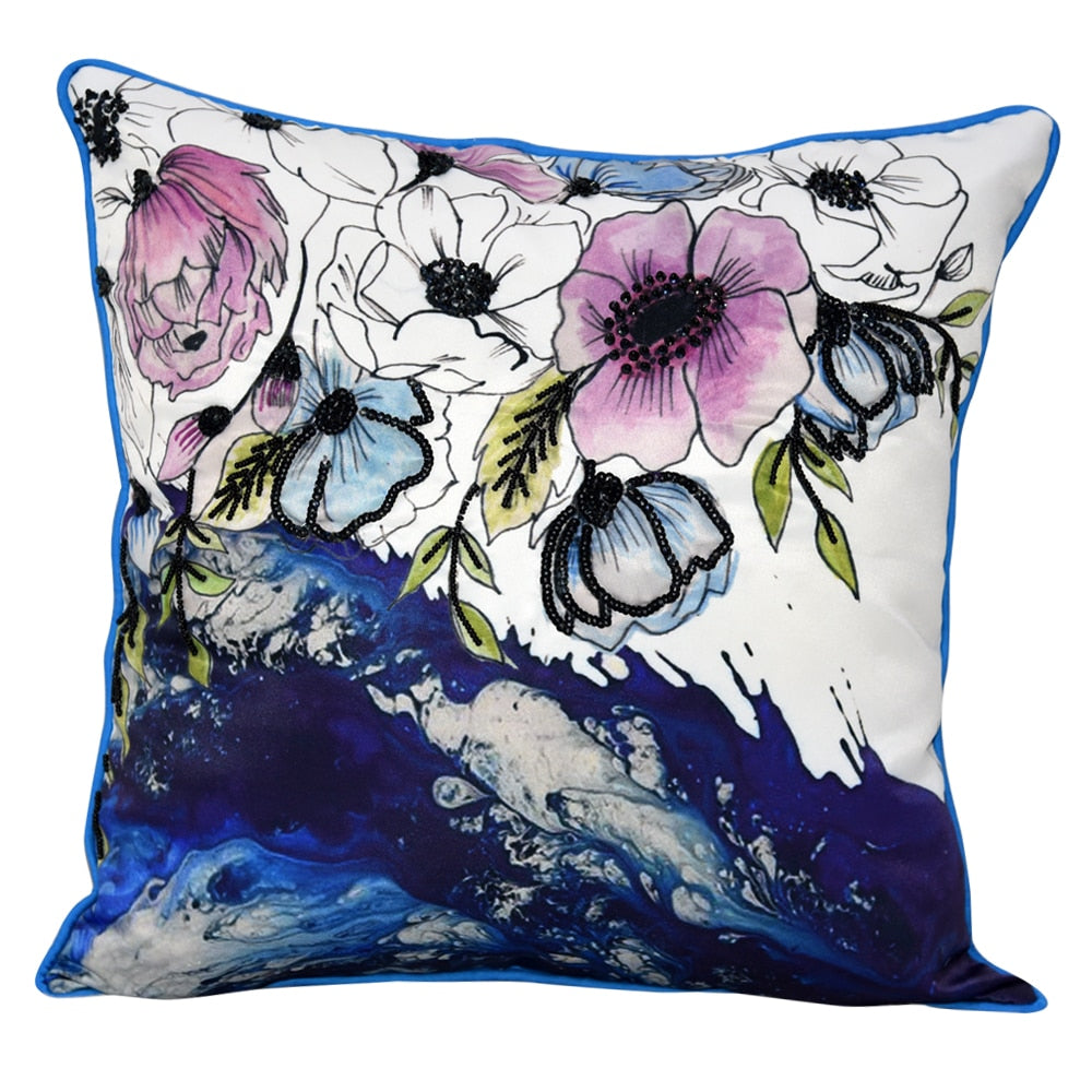Cherry Blossom Hand Embroidered Polyester Flower Print Cushion Cover 16" X 16" - Elysian Home Decor