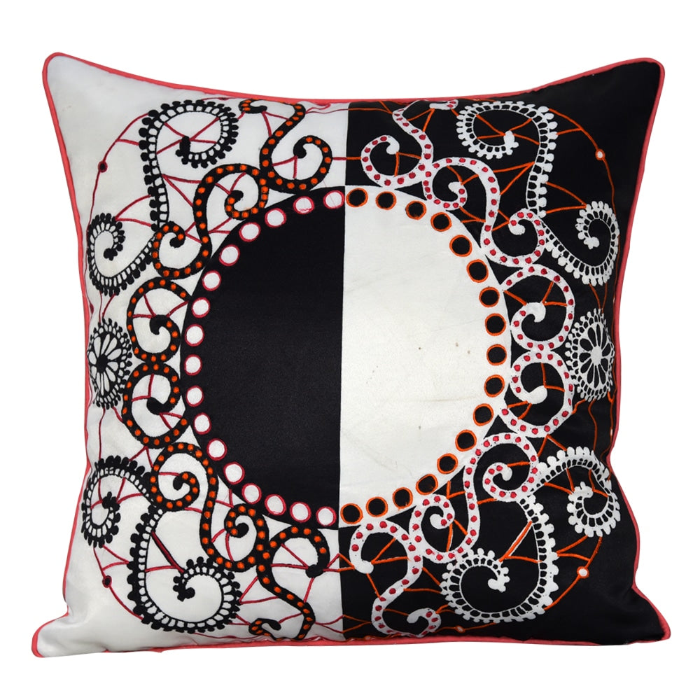 Embroidered Digital Print Cushion Cover Designer Pillow Cover Room Abstract Design Decorative Cushion Gift for Anyone Black