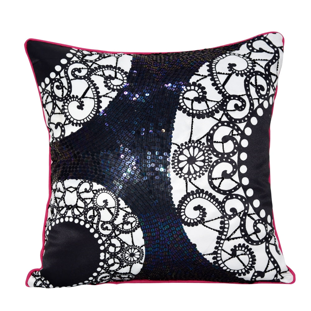 Hand Embroidered Abstract Design Cushion Cover 16" X 16" Black and White Digital Printed Cushion Case - Elysian Home Decor