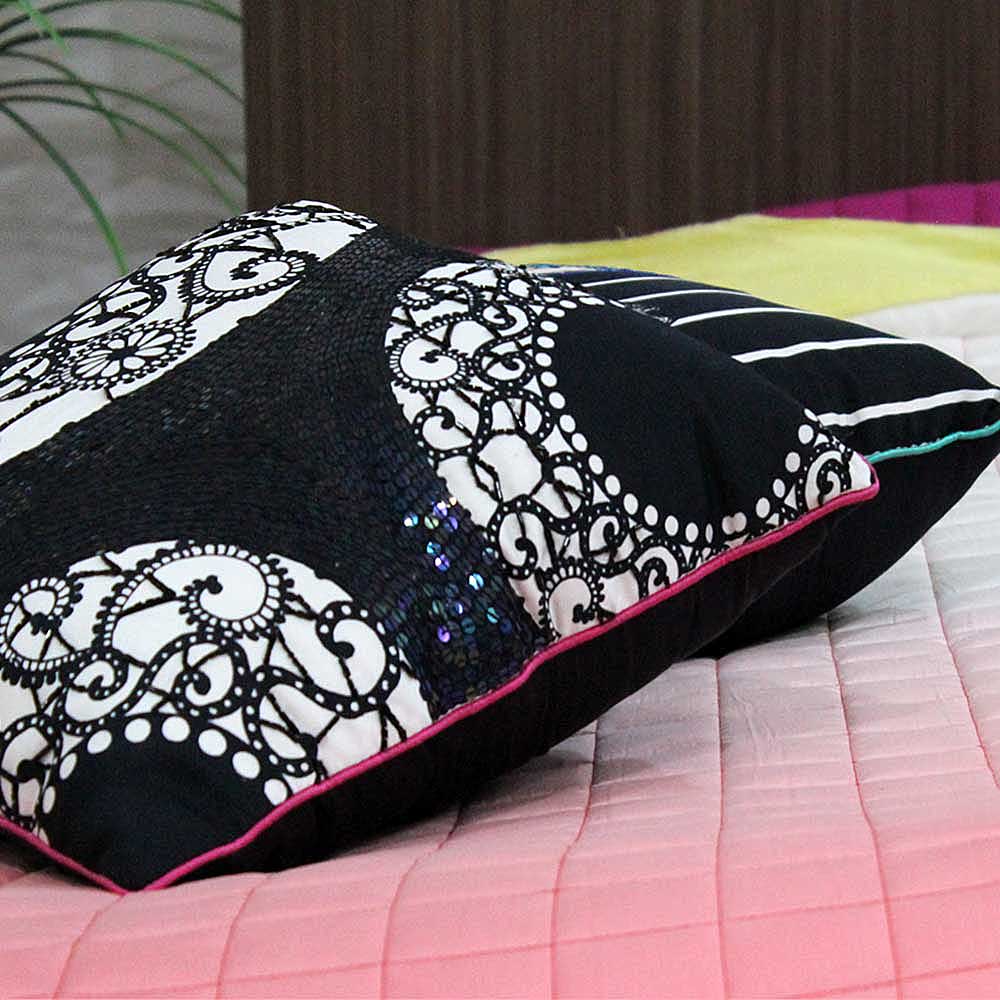 Hand Embroidered Abstract Design Cushion Cover 16" X 16" Black and White Digital Printed Cushion Case - Elysian Home Decor