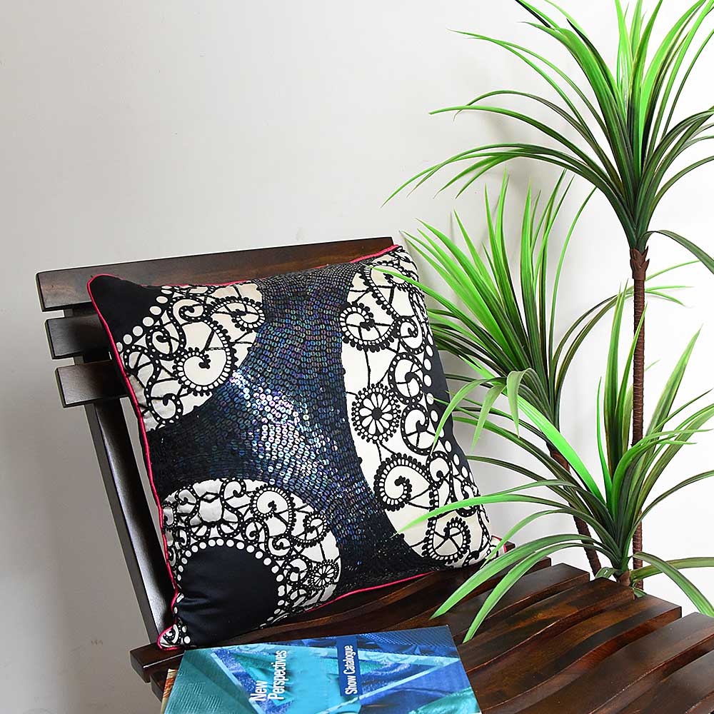 Hand Embroidered Abstract Design Cushion Cover 16" X 16" Black and White Digital Printed Cushion Case - Elysian Home Decor