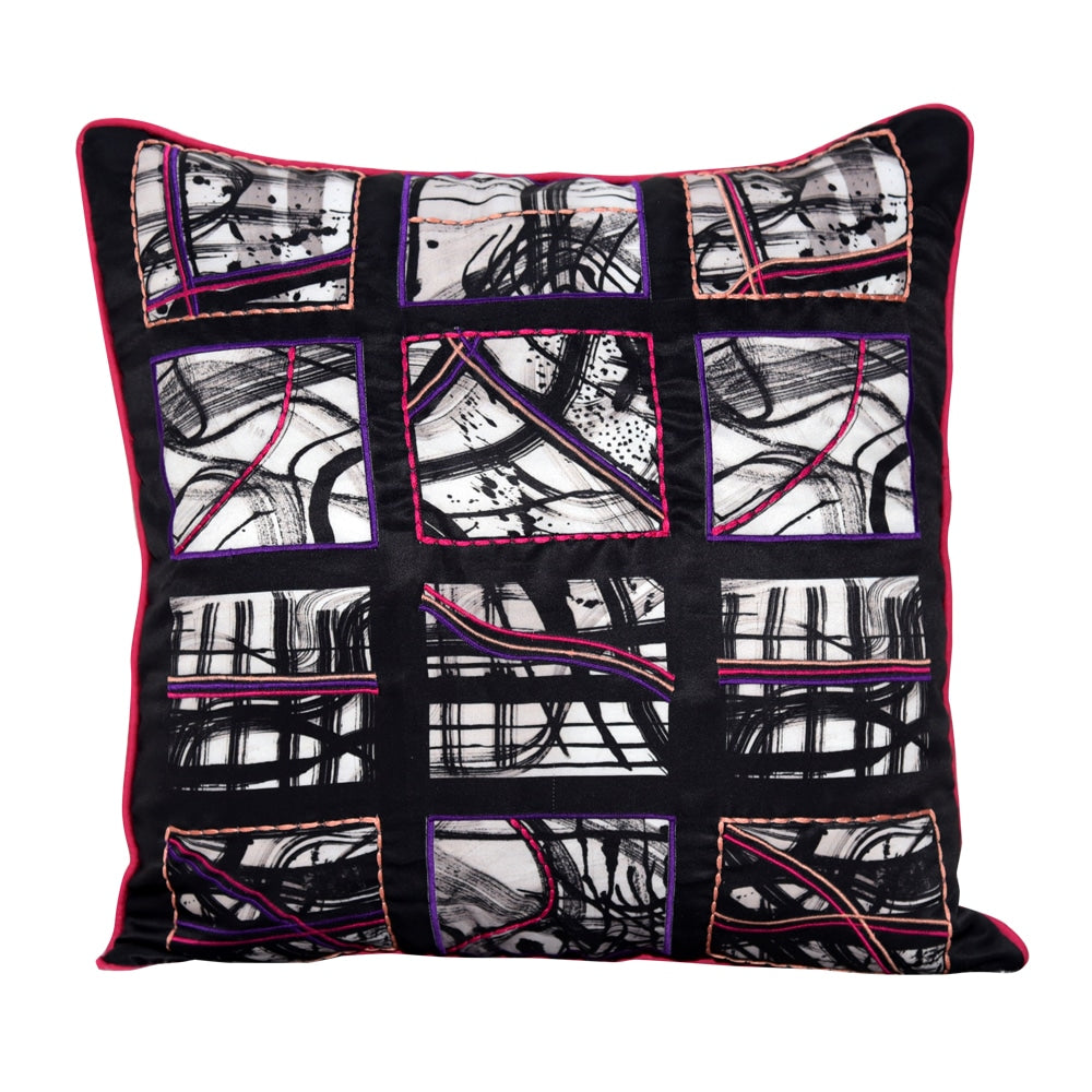 Stylish Abstract Gaston Printed Cushion Case Embroidered Sofa Living Room, Dinning Room Digital Pillow Cushion Case Black and