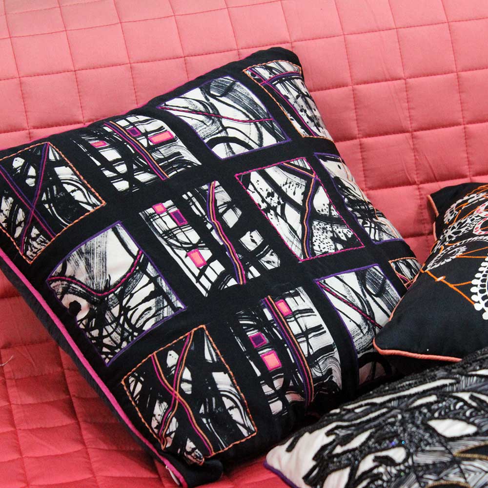Stylish Abstract Gaston Printed Cushion Case Embroidered Sofa Living Room, Dinning Room Digital Pillow Cushion Case Black and