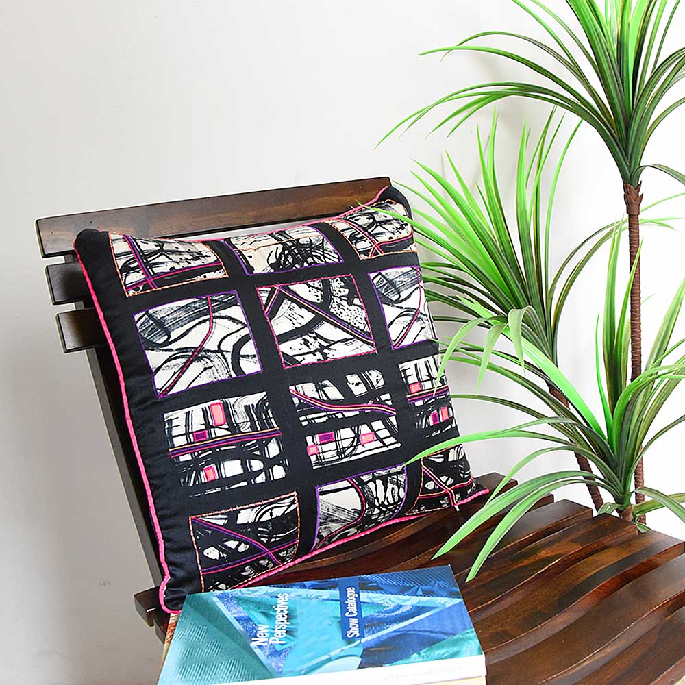 Stylish Abstract Gaston Printed Cushion Case Embroidered Sofa Living Room, Dinning Room Digital Pillow Cushion Case Black and