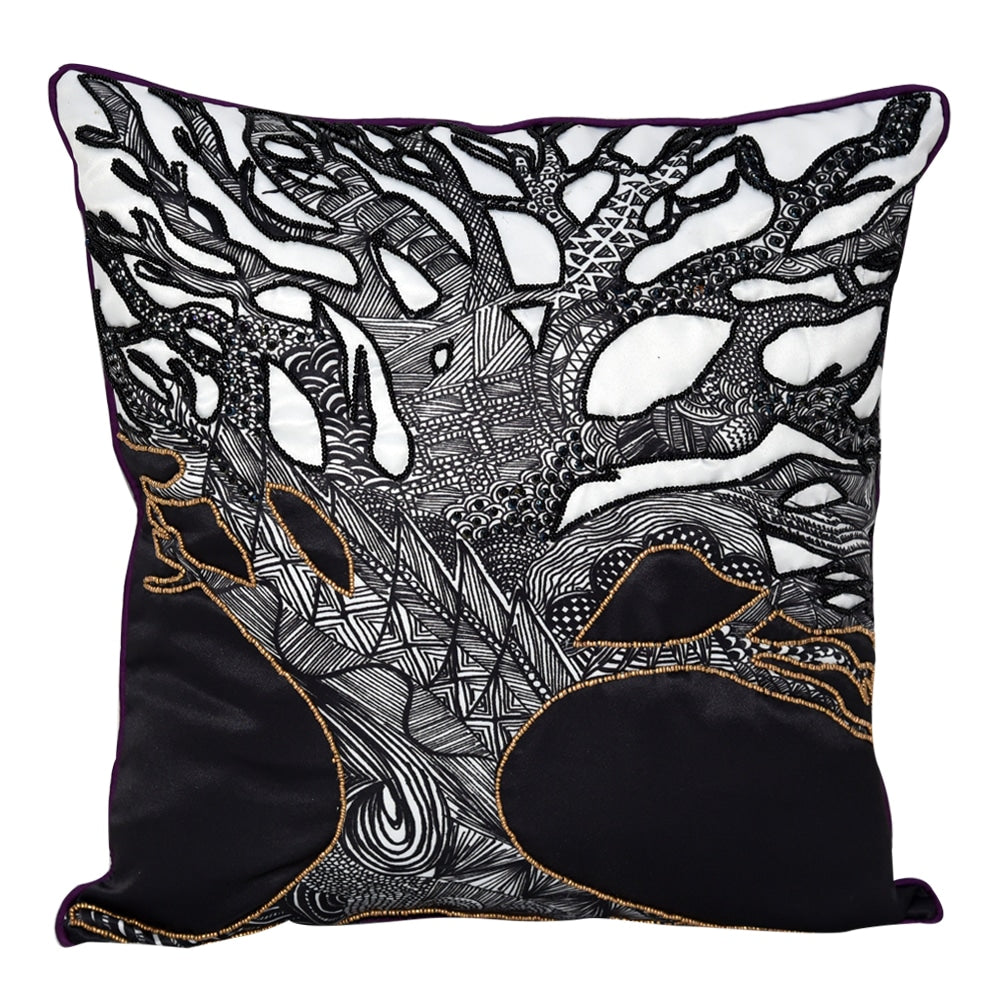 Designer Cushion Case Nature and Floral Garbrielle Digital Print Cushion Cover Hand Sketched Tree Pillow Cushion Case Black