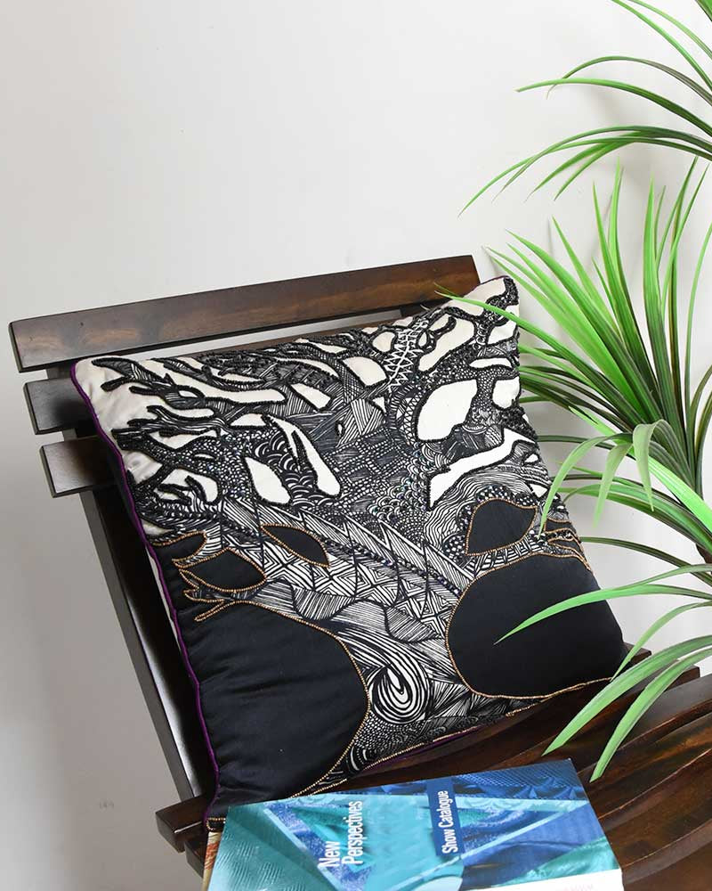 Designer Cushion Case Nature and Floral Garbrielle Digital Print Cushion Cover Hand Sketched Tree Pillow Cushion Case Black