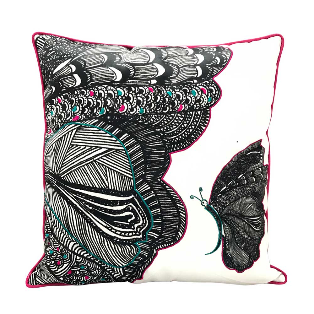 Beautiful Butterfly Nature & Floral Digital Print Cushion Cover Printed Pillow Cushion Case Black and White 16" X 16"