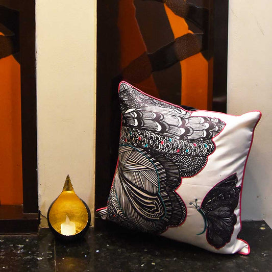 Beautiful Butterfly Nature & Floral Digital Print Cushion Cover Printed Pillow Cushion Case Black and White 16" X 16"