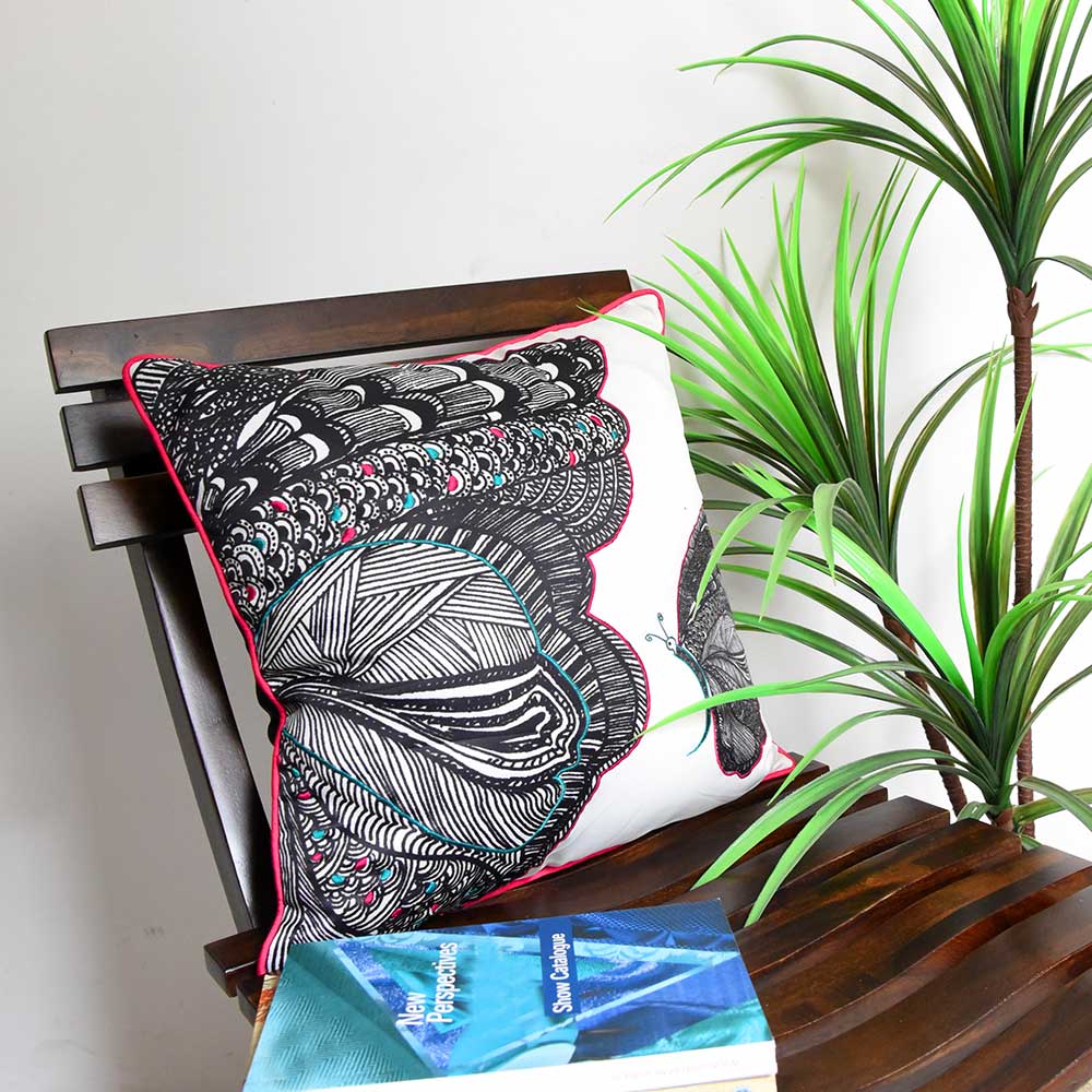 Beautiful Butterfly Nature & Floral Digital Print Cushion Cover Printed Pillow Cushion Case Black and White 16" X 16"