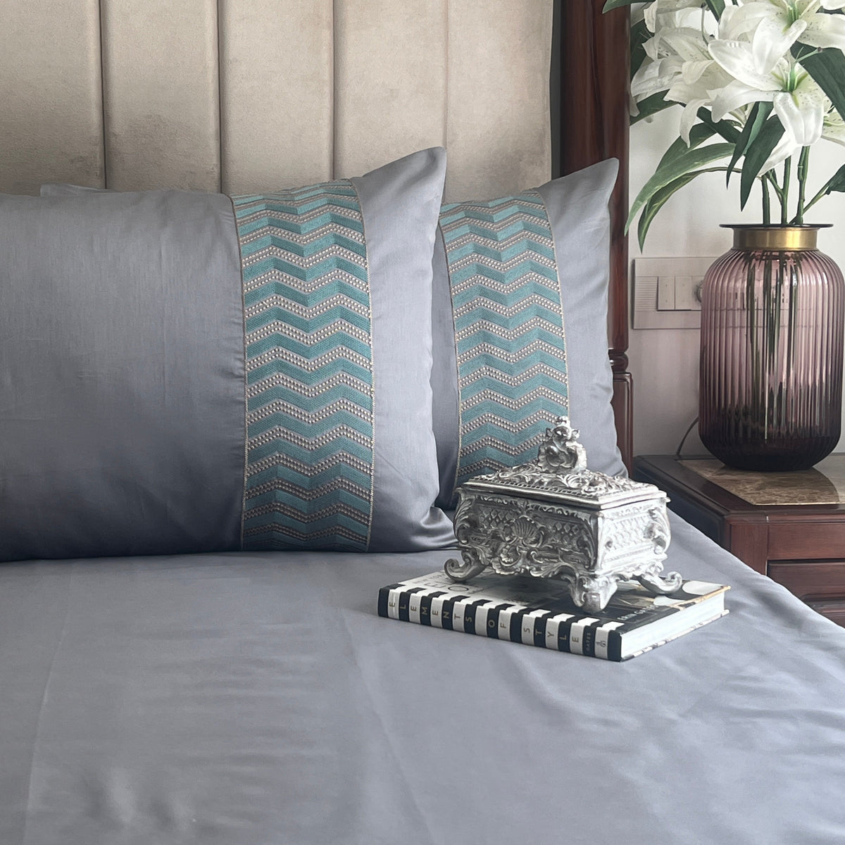 Chevron dark grey Syona bedsheet set styled on bed