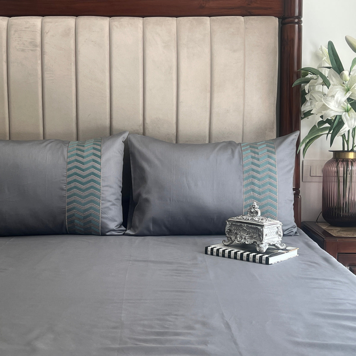 Chevron dark grey bedsheet folded showing fabric detail
