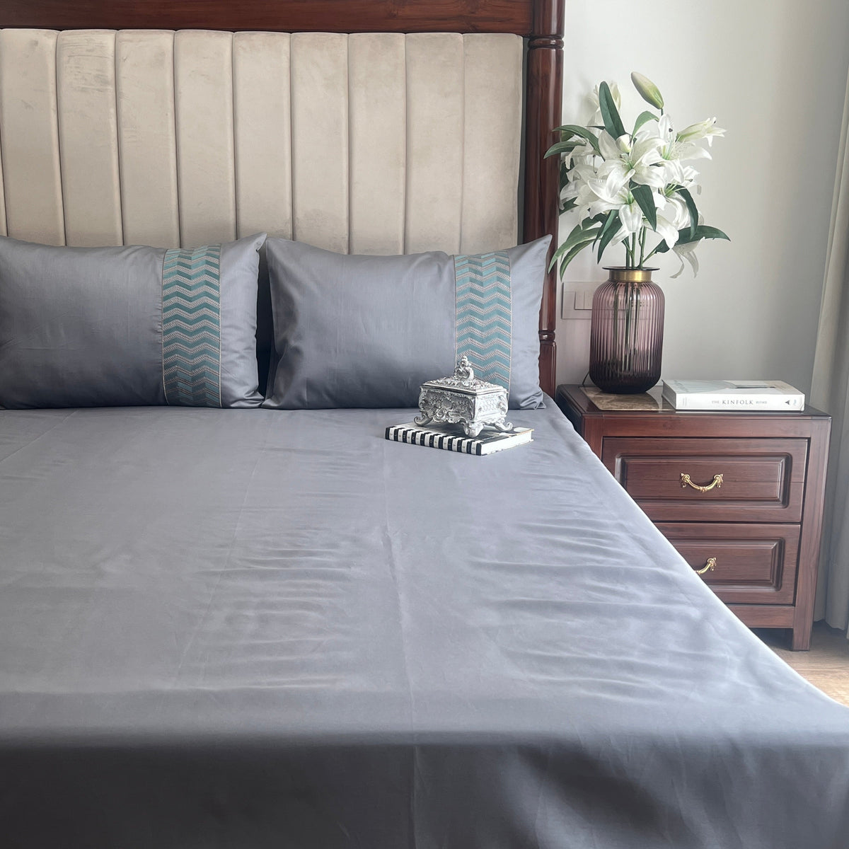 Full bed styled with chevron dark grey Syona bedsheet set