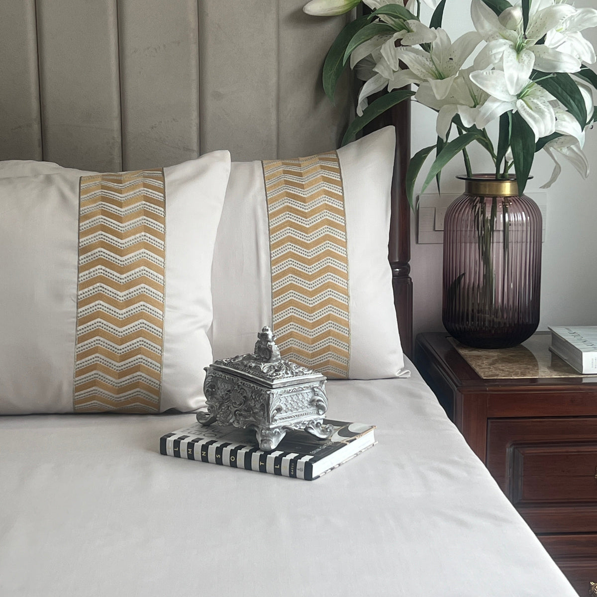 1000TC Cotton Rich Chevron Ivory Syona Bedsheet Set - Elysian Home Decor