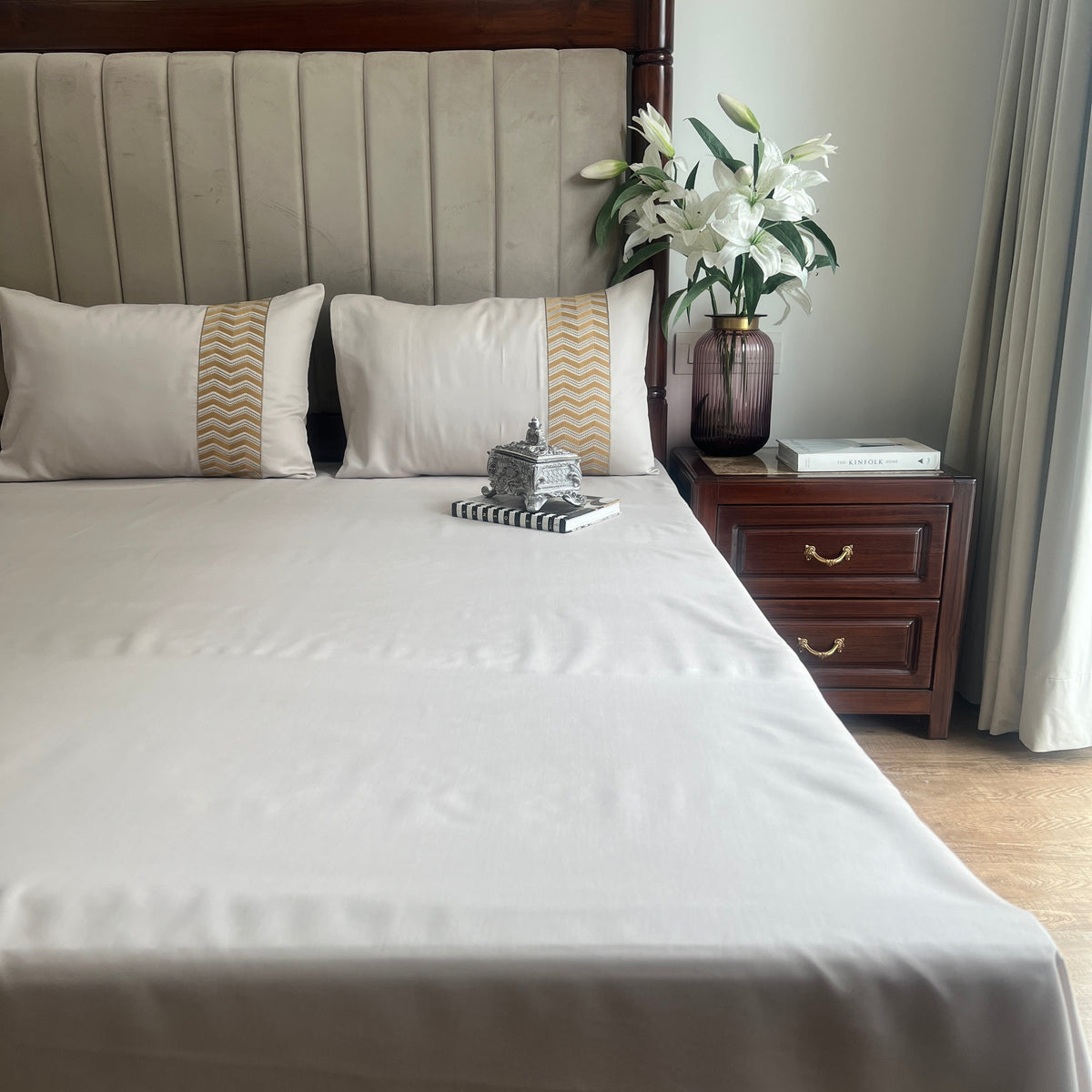 1000TC Cotton Rich Chevron Ivory Syona Bedsheet Set - Elysian Home Decor