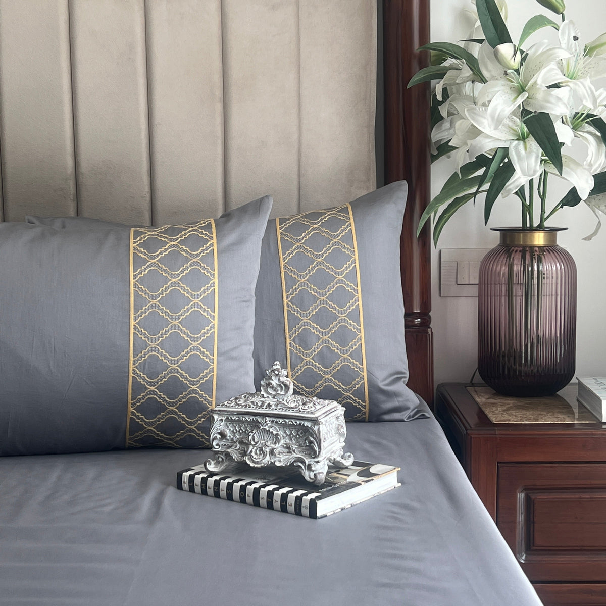 Maroc dark grey bedsheet set styled on bed