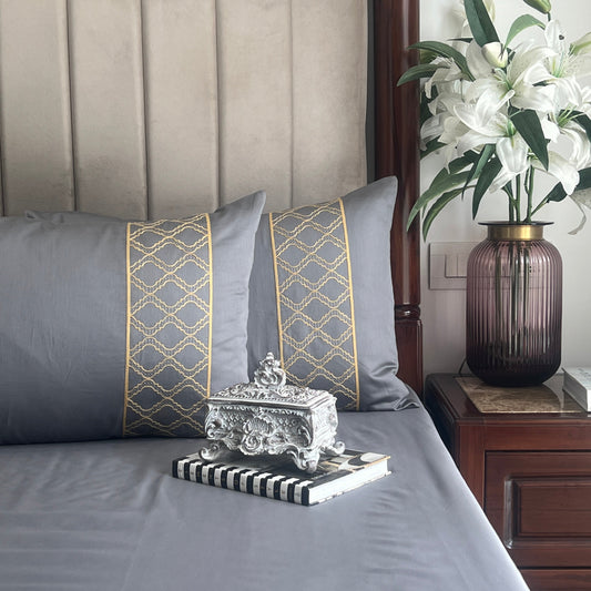 Maroc dark grey bedsheet set styled on bed