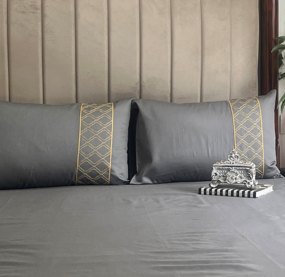 Maroc dark grey bedsheet folded showing fabric texture