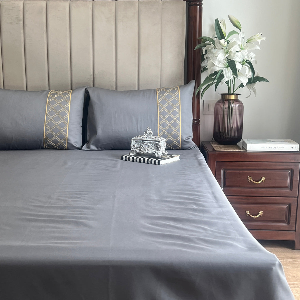 Full bed styled with Maroc dark grey Syona bedsheet set