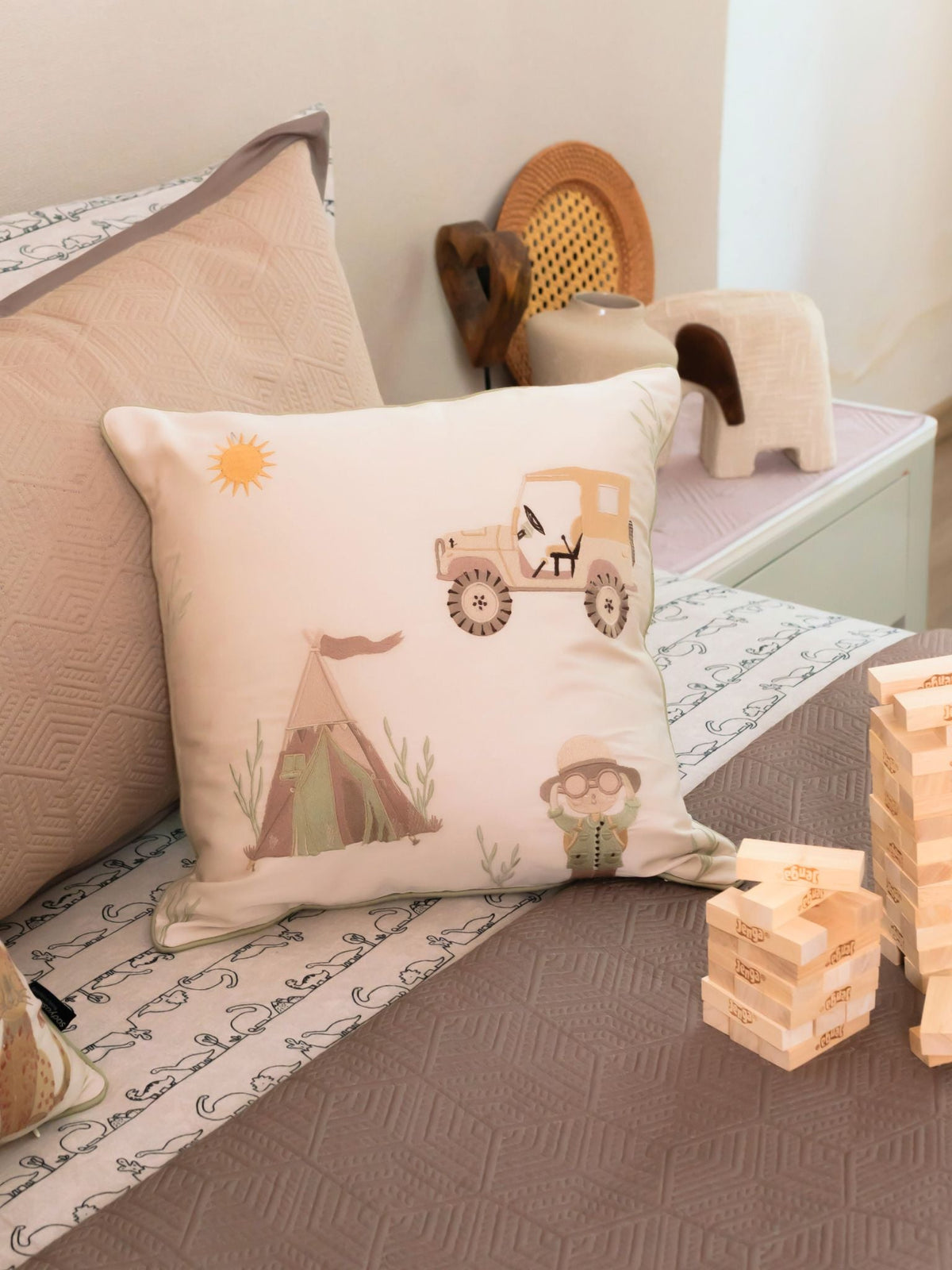 Camp Cozy Cotton Embroidered Oats Beige Cushion Cover Kids Design 16" X 16" - Elysian Home Decor