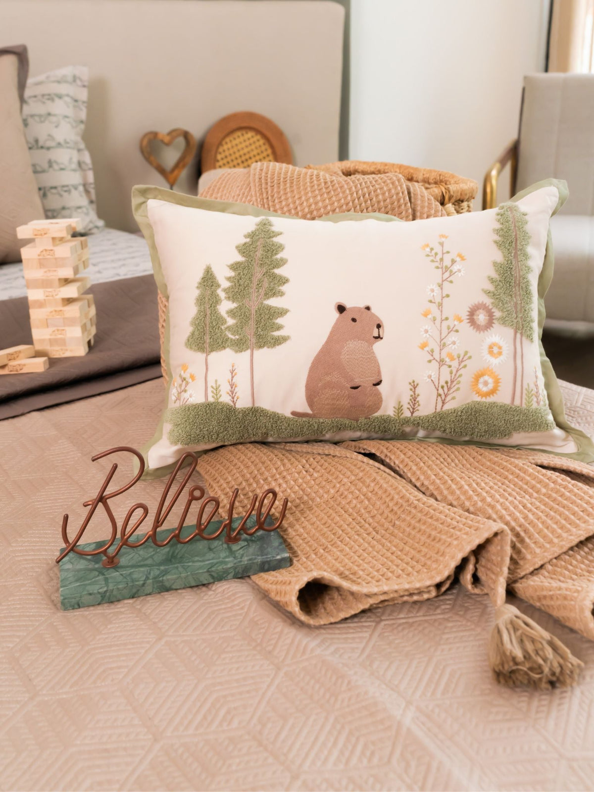 Snuggle Safari Cotton Embroidered Oats Beige Cushion Cover Kids Design 12" X 18" - Elysian Home Decor