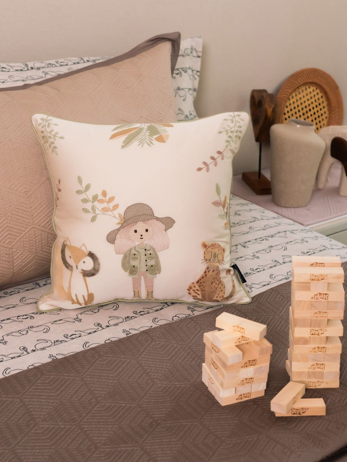 Wild Crew Cotton Embroidered Oats Beige Cushion Cover Kids Design 16" X 16" - Elysian Home Decor