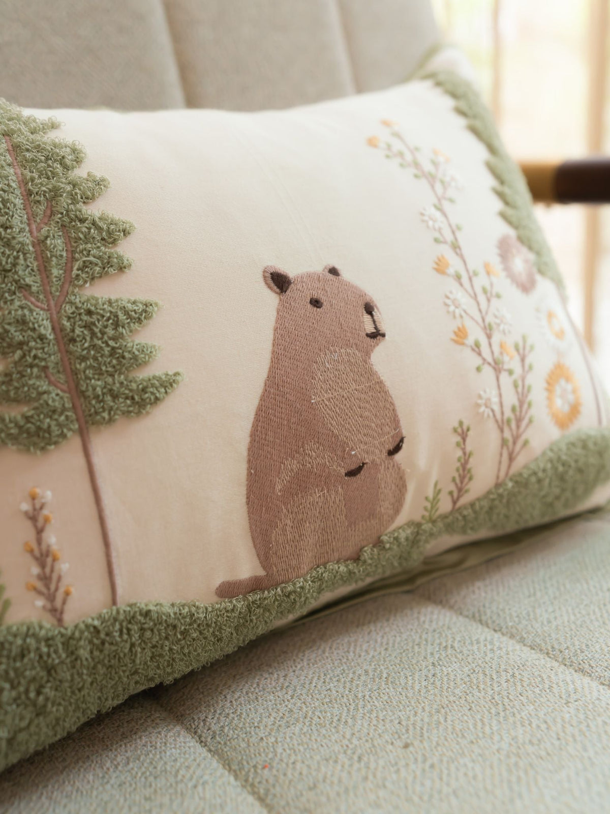 Snuggle Safari Cotton Embroidered Oats Beige Cushion Cover Kids Design 12" X 18" - Elysian Home Decor