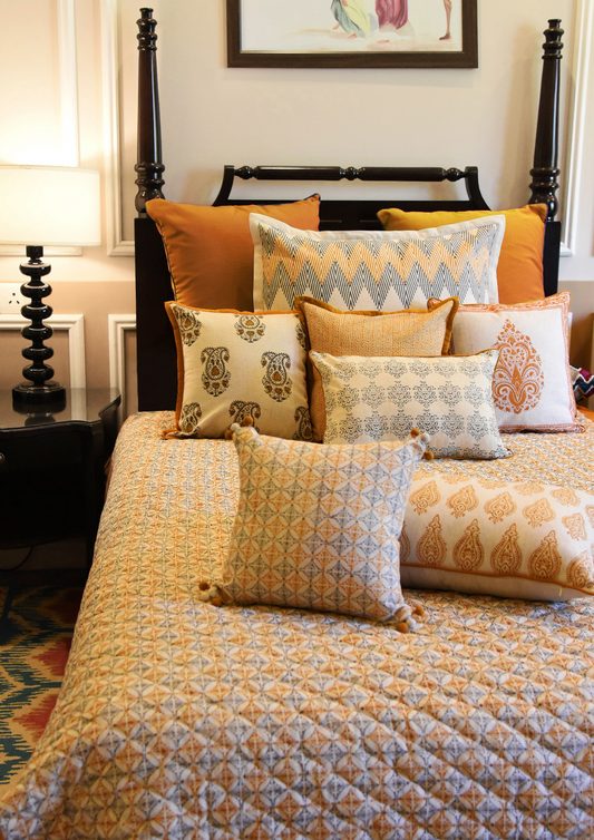 Saumay Collection - Traditional Hand Block Printed Cushion Cover Set (Set of 7) - Elysian Home Decor
