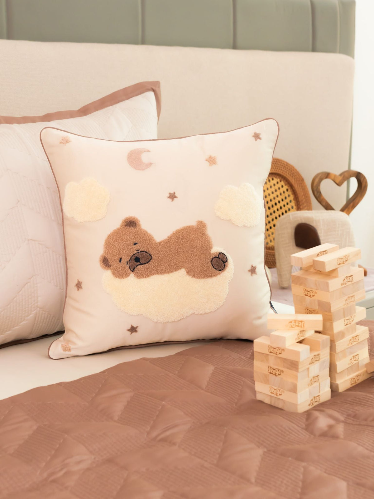Sleepy Whim Cotton Embroidered Oats Beige Cushion Cover Kids Design 16" X 16" - Elysian Home Decor