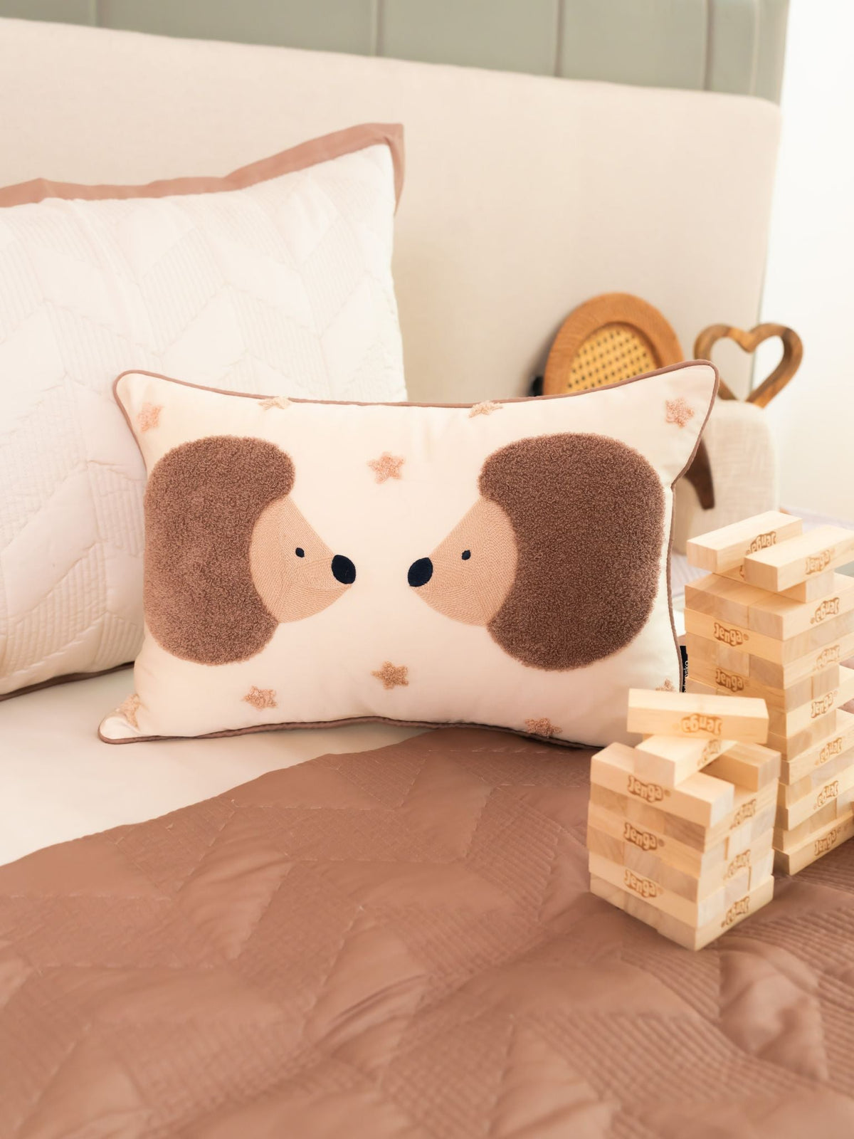 Wiggy & Waggy Cotton Embroidered Oats Beige Cushion Cover Kids Design 12" X 18" - Elysian Home Decor