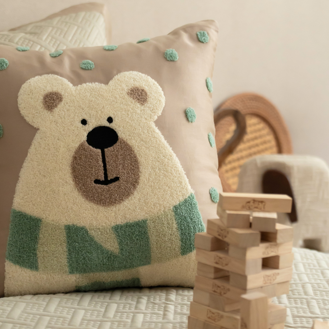 Snuggle Bear Cotton Embroidered Sand Cushion Cover Kids Design 16" X 16" - Elysian Home Decor