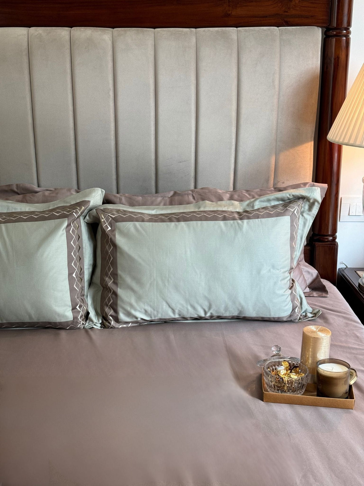 Splash Sage Green Taupe Desire Cotton Bedsheet Set (5 PC Set) - Elysian Home Decor