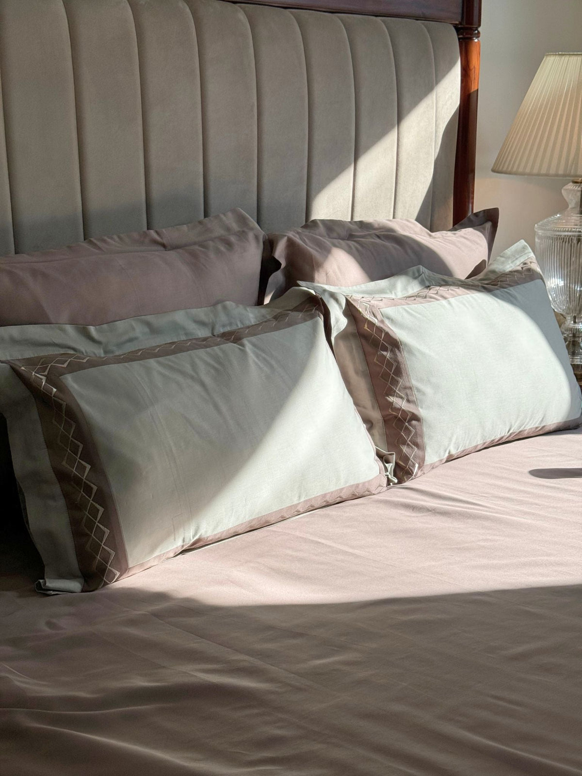 Splash Sage Green Taupe Desire Cotton Bedsheet Set (5 PC Set) - Elysian Home Decor