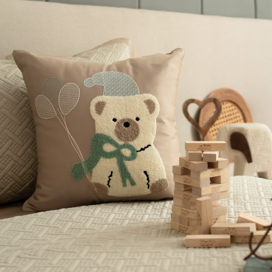 Teddy Tales Cotton Embroidered Sand Cushion Cover Kids Design 16" X 16" - Elysian Home Decor