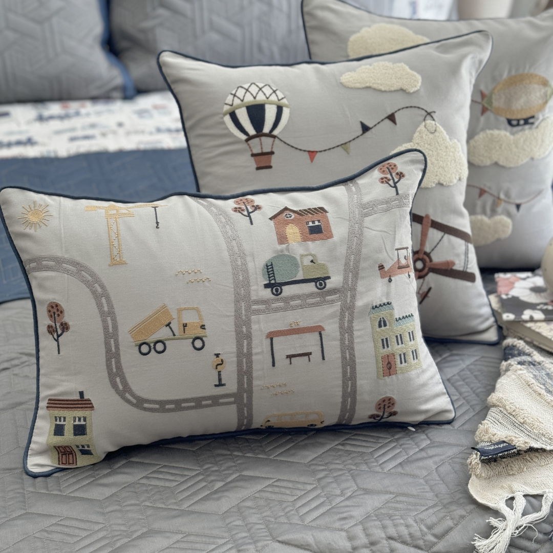 Lego Cotton Embroidered Grey Cushion Cover Kids Design 12" X 18" - Elysian Home Decor