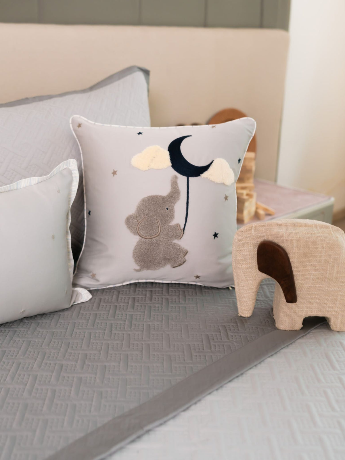 Dreamland Dumbo Cotton Embroidered Grey Cushion Cover Kids Design 16" X 16" - Elysian Home Decor