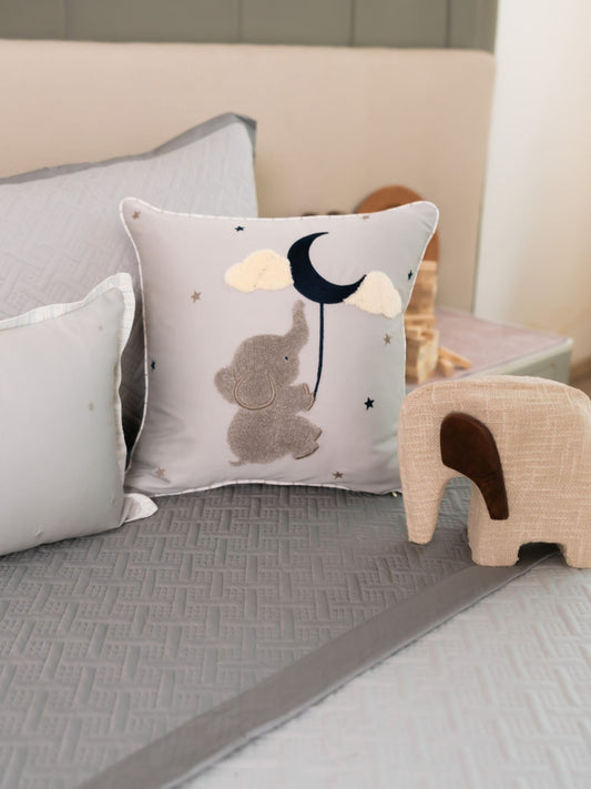 Dreamland Dumbo Cotton Embroidered Grey Cushion Cover Kids Design 16" X 16" - Elysian Home Decor