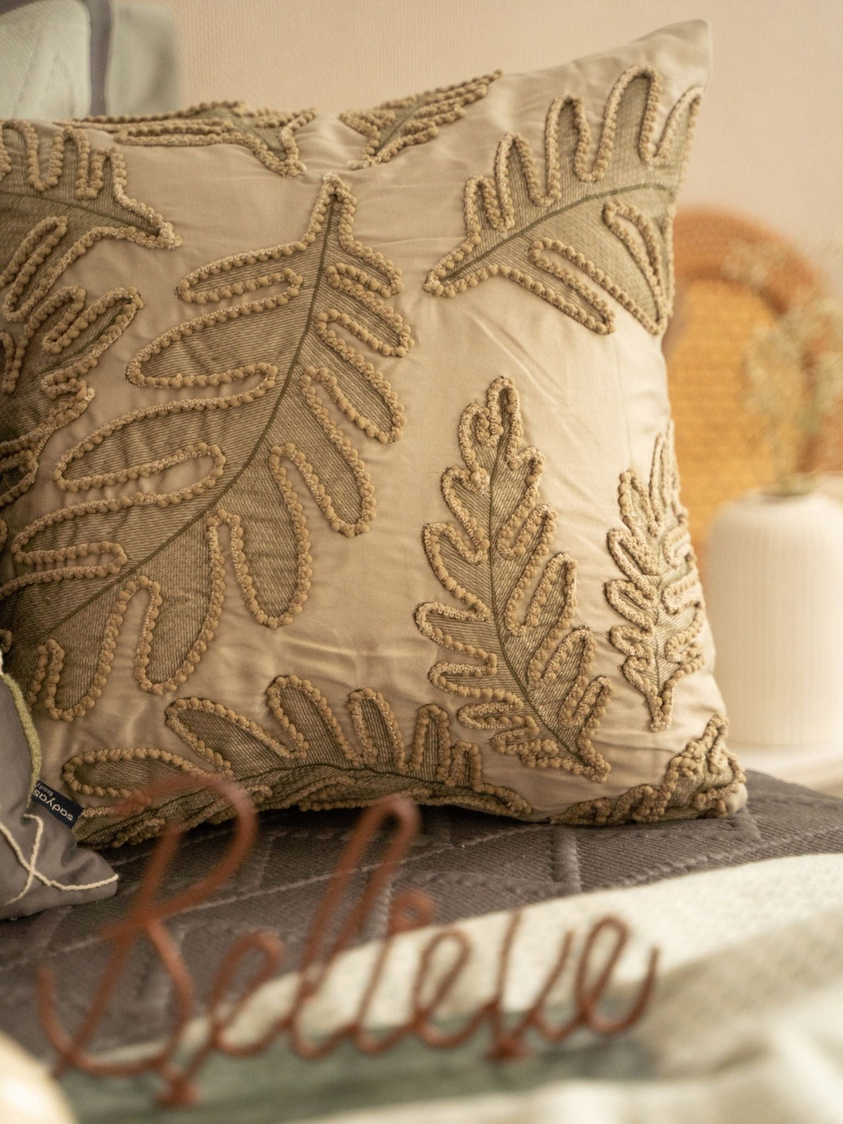 Forest Whisper Cotton Embroidered Beige Cushion Cover 16" X 16" - Elysian Home Decor