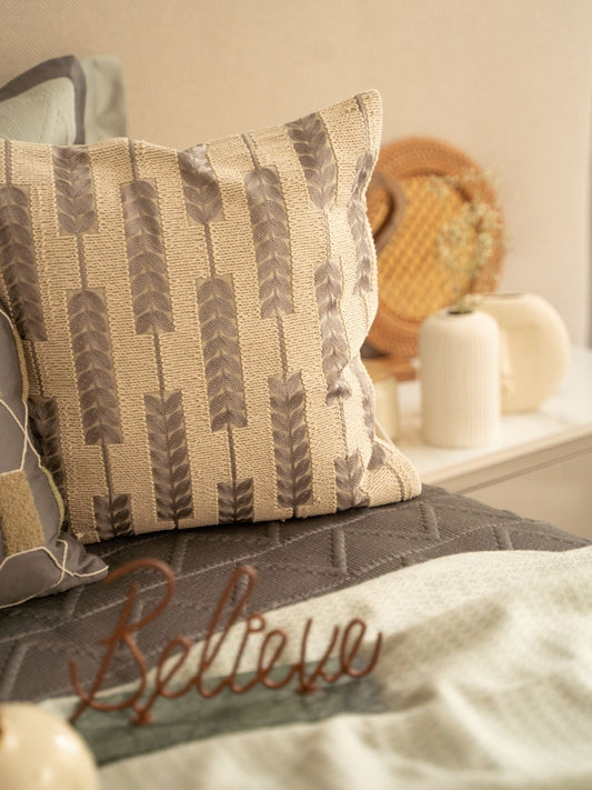 Leafy Oasis Cotton Embroidered Beige Cushion Cover 16" X 16" - Elysian Home Decor