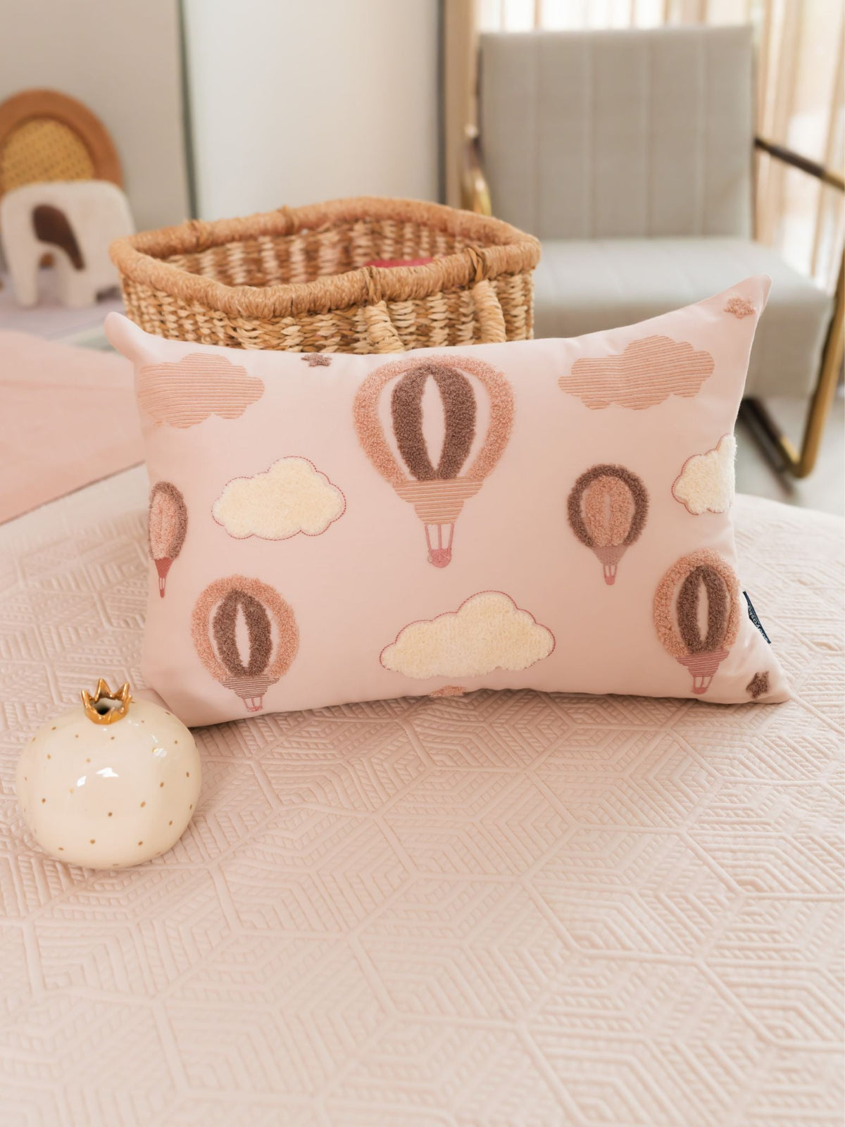 Up & Away Cotton Embroidered Buff Cushion Cover Kids Design 12" X 18" - Elysian Home Decor