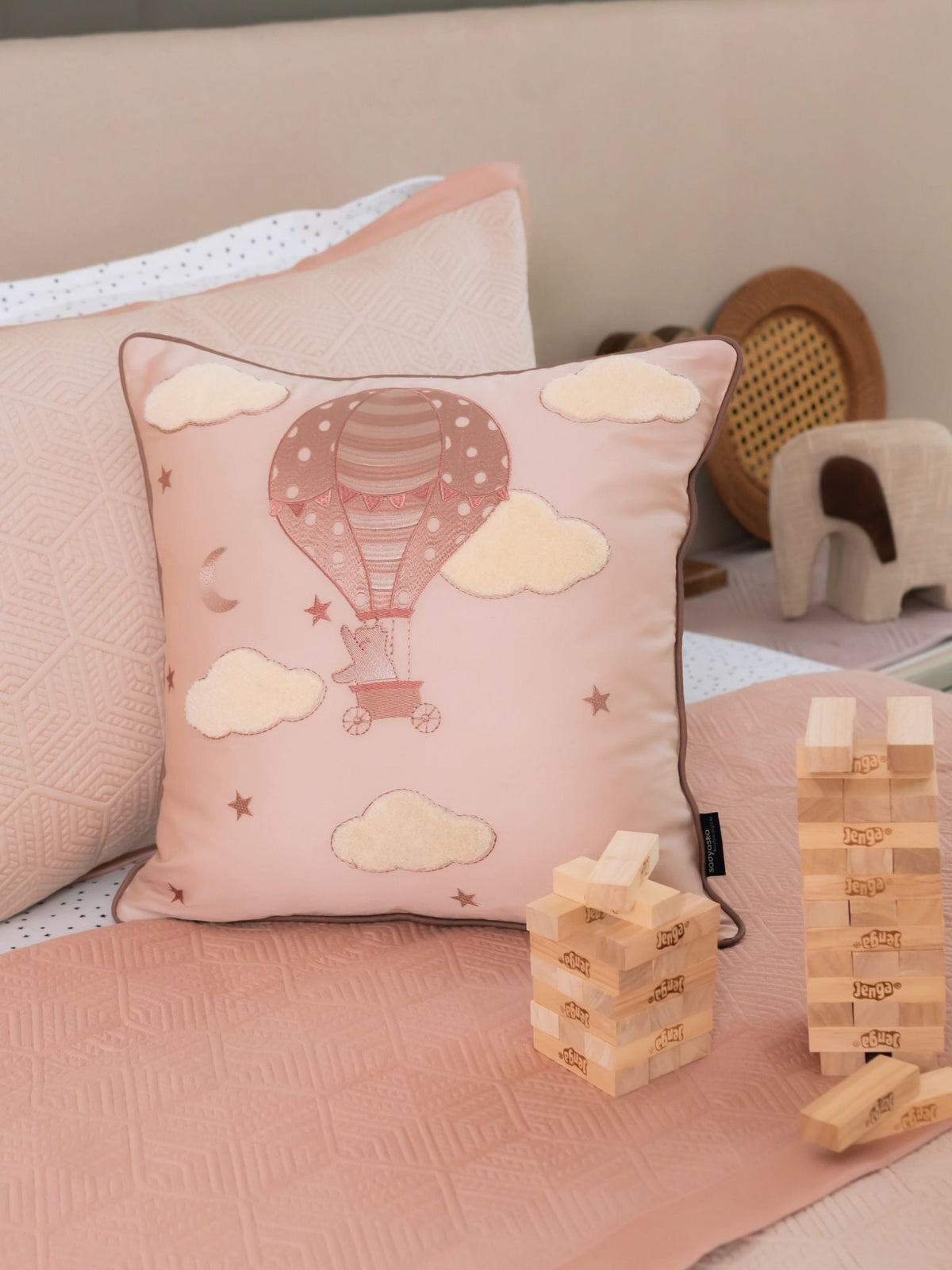 Tiny Trotter Cotton Embroidered Buff Cushion Cover Kids Design 16" X 16" - Elysian Home Decor