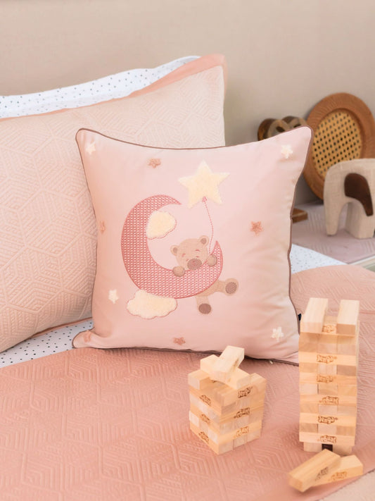 Twinkle Nap Cotton Embroidered Buff Cushion Cover Kids Design 16" X 16" - Elysian Home Decor