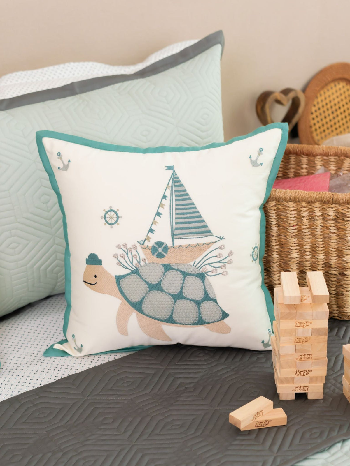 Little Sailor Cotton Embroidered Ivory Cushion Cover Kids Design 16" X 16" - Elysian Home Decor