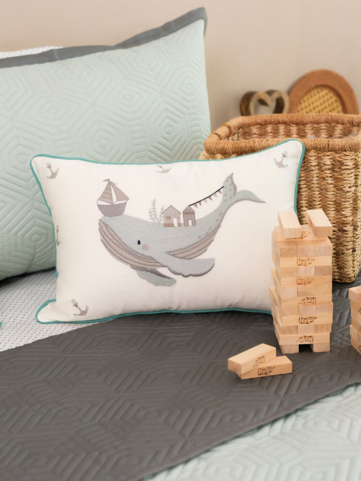 Whimsy Whale Cotton Embroidered Ivory Cushion Cover Kids Design 12" X 18" - Elysian Home Decor