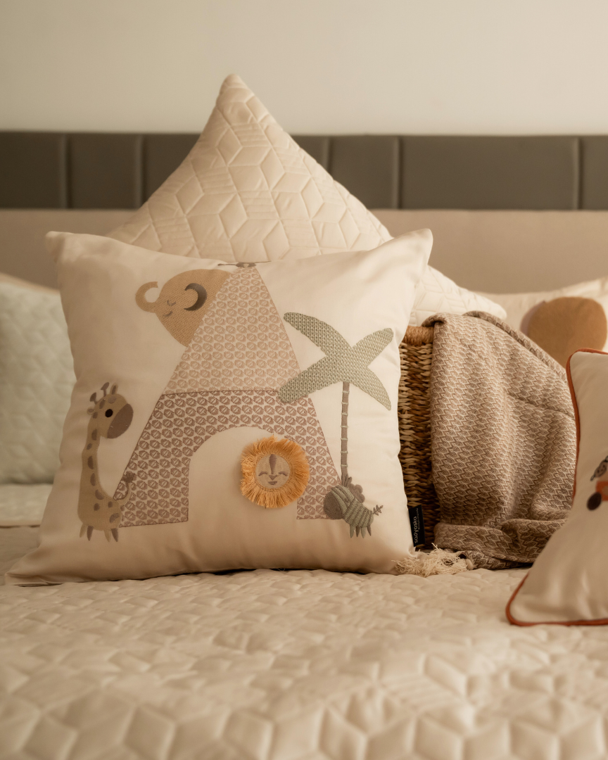 Animal Safari Cotton Embroidered Beige Cushion Cover Kids Design 16" X 16" - Elysian Home Decor